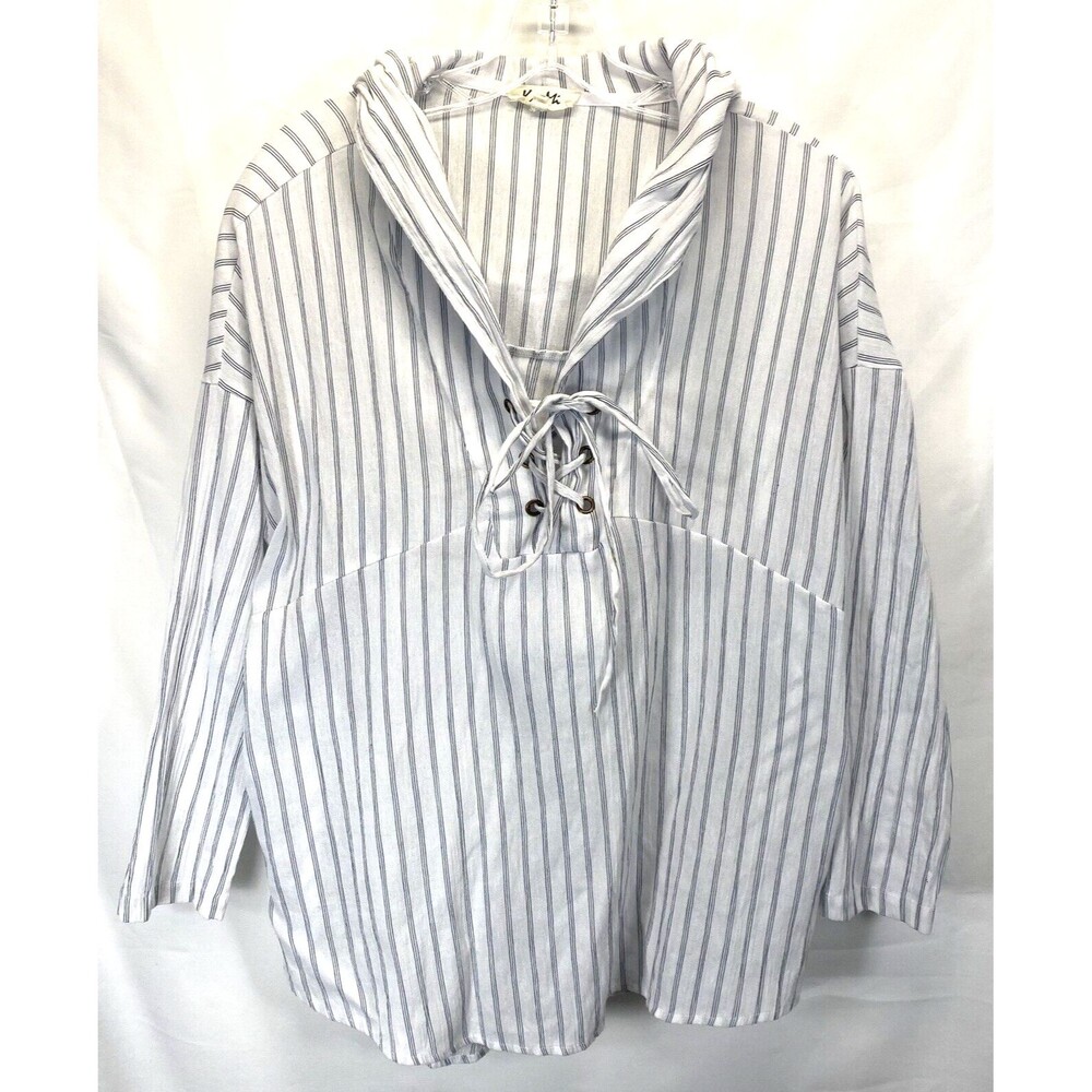 Kye Mi Womens Small Hooded Pull Over V Neck Lace Tie Top/Cover Stripe 3/4 Sleeve